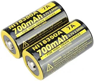 2X Nitecore IMR 18350 NI18350A 700mAh 3.7V Button Top Rechargeable Battery (This is NOT a Replacement for CR123A)