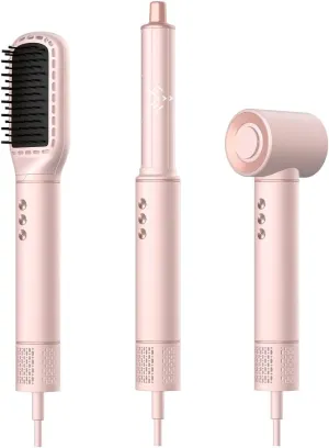 3 in 1 Hot Air Styler, Professional Hair Dryer Blow Dryer Brush with 110,000 RPM High Speed Negative Ionic, Auto Wrap Curlers, Hair Styler for Fast Drying Curling Straightening Volumizing Pink