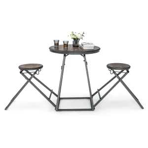 3 Piece Round Table and Stool Set with 2 Foldable Stools