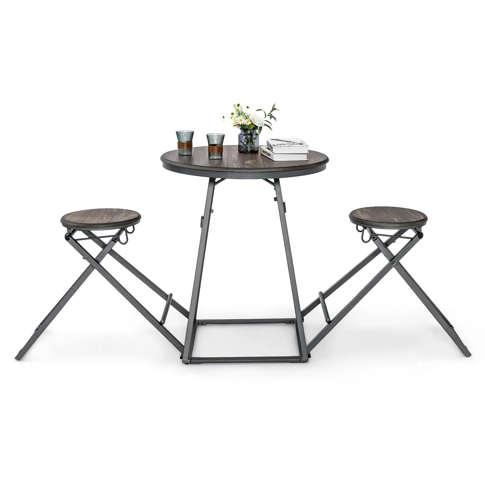 3 Piece Round Table and Stool Set with 2 Foldable Stools