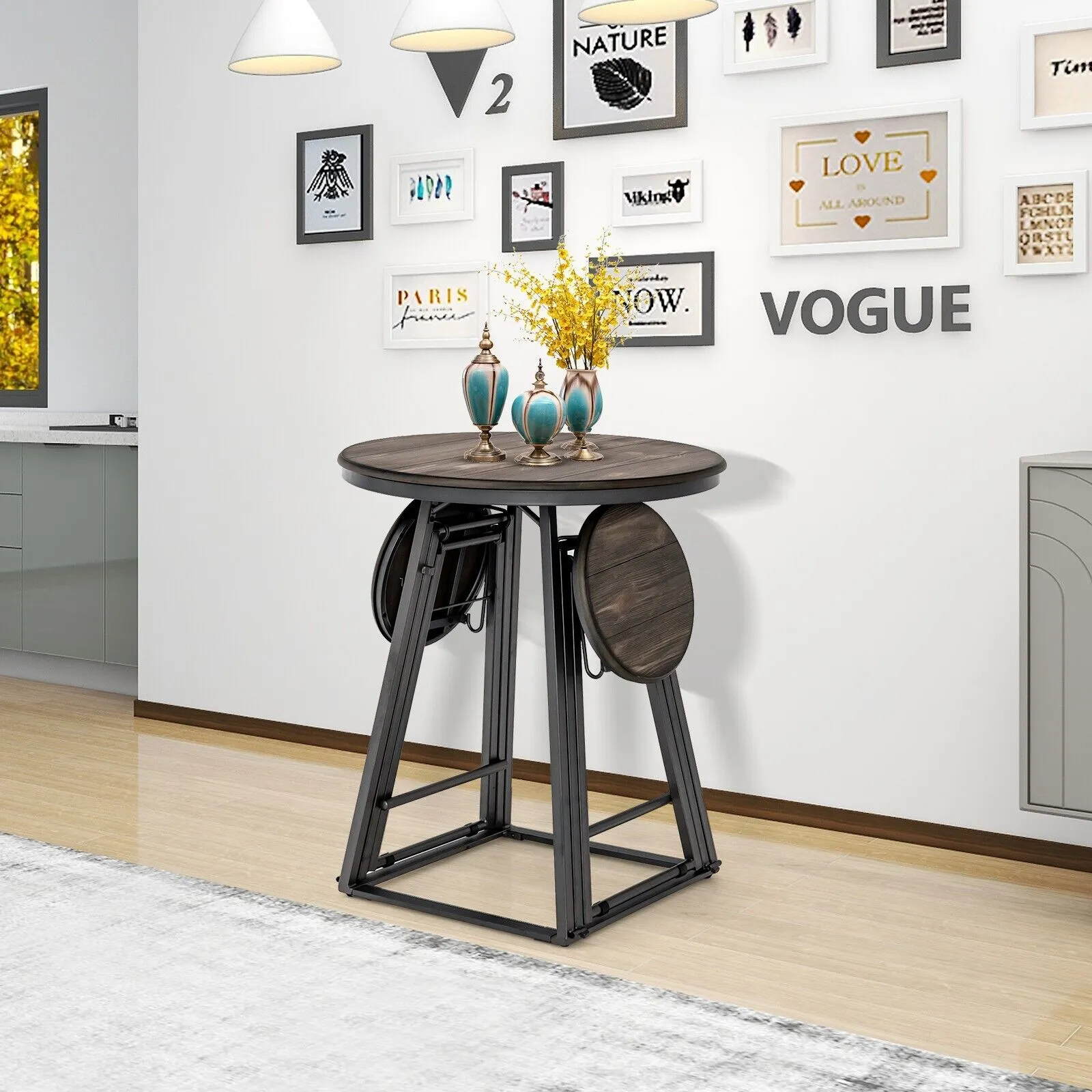 3 Piece Round Table and Stool Set with 2 Foldable Stools