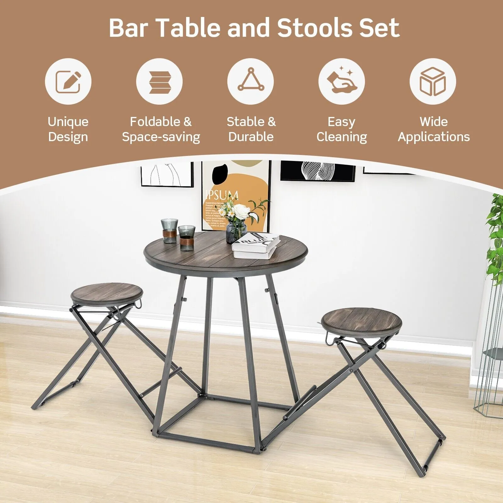 3 Piece Round Table and Stool Set with 2 Foldable Stools