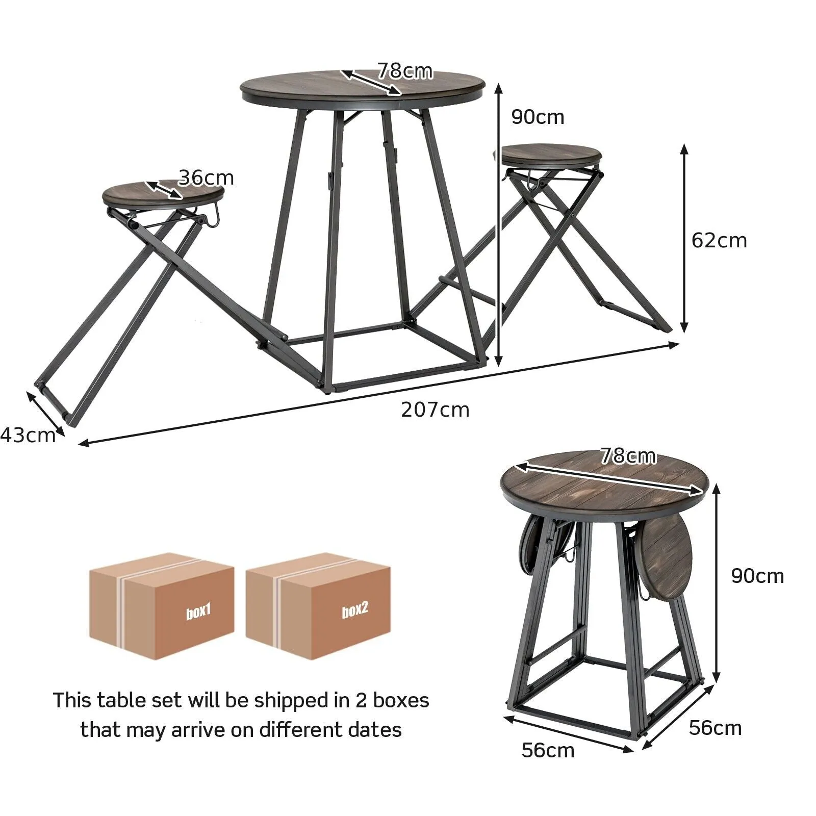 3 Piece Round Table and Stool Set with 2 Foldable Stools