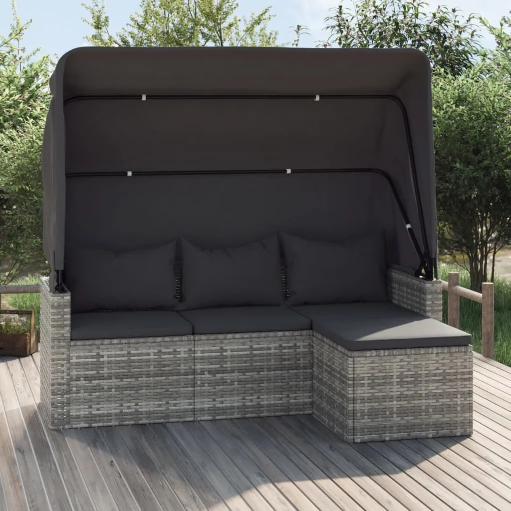 3-Seater Patio Sofa with Roof and Footstool Garden Couch Poly Rattan