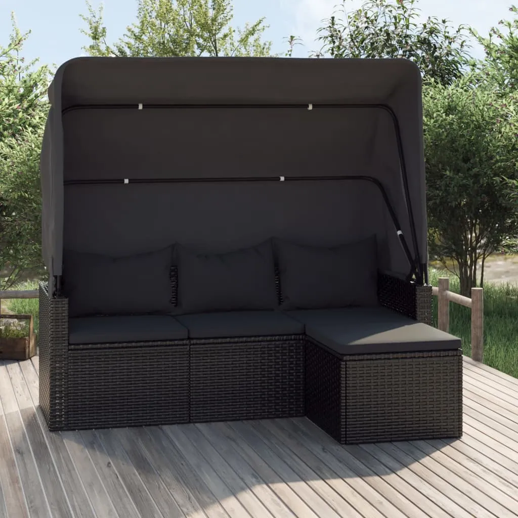 3-Seater Patio Sofa with Roof and Footstool Garden Couch Poly Rattan
