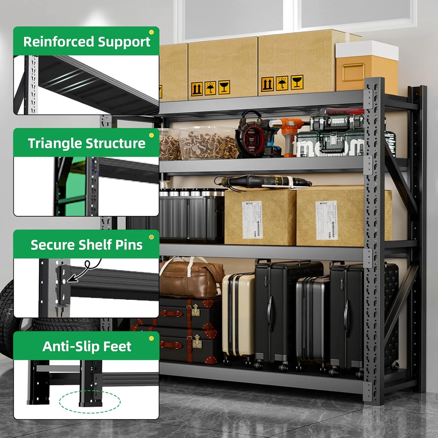 3000LBS Heavy Duty Storage Shelves,78''H Metal Garage Shelving, 4-Tier Adjustable Garage Organization Shelving Units, Industrial Shelving for Warehouse,Workshop- Classic Black