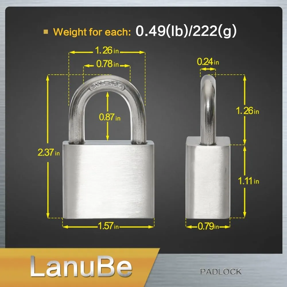 304 Stainless Steel Keyed Alike Marine Padlocks for Outdoor use, 1-9/16 inch Wide Body, Stainless Steel Body, Normal Shackle, Pack of 2
