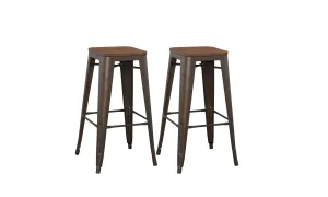 30" Solid Steel Stacking Industrial Rustic Metal BarStool Wood Top (Set of 2)