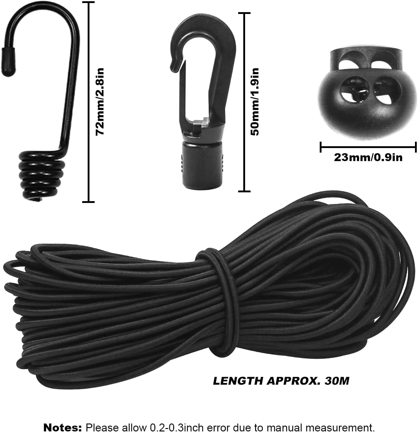 3/16"Bungee Shock Cords with Hooks,98 Feet Elastic Nylon Cords Kayak Stretch String Rope for Bikes,Tie Downs,Boating,Camping,Cars,Sunshades,Fitness and Outdoor Enthusiasts(3/16 inch x 98 feet, Black)