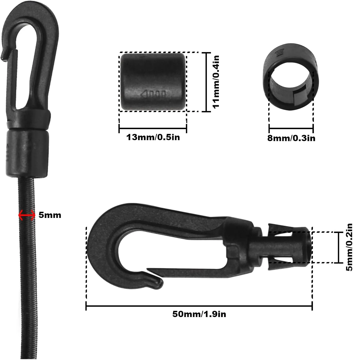 3/16"Bungee Shock Cords with Hooks,98 Feet Elastic Nylon Cords Kayak Stretch String Rope for Bikes,Tie Downs,Boating,Camping,Cars,Sunshades,Fitness and Outdoor Enthusiasts(3/16 inch x 98 feet, Black)