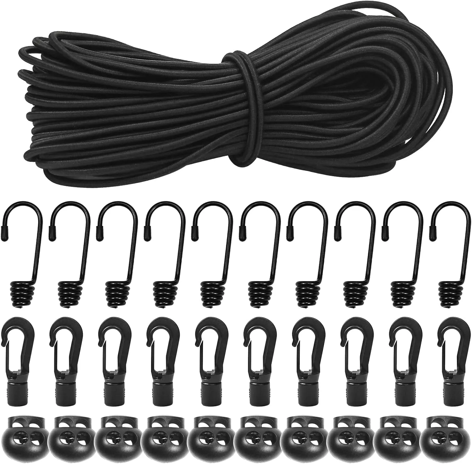 3/16"Bungee Shock Cords with Hooks,98 Feet Elastic Nylon Cords Kayak Stretch String Rope for Bikes,Tie Downs,Boating,Camping,Cars,Sunshades,Fitness and Outdoor Enthusiasts(3/16 inch x 98 feet, Black)
