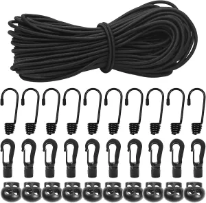 3/16"Bungee Shock Cords with Hooks,98 Feet Elastic Nylon Cords Kayak Stretch String Rope for Bikes,Tie Downs,Boating,Camping,Cars,Sunshades,Fitness and Outdoor Enthusiasts(3/16 inch x 98 feet, Black)