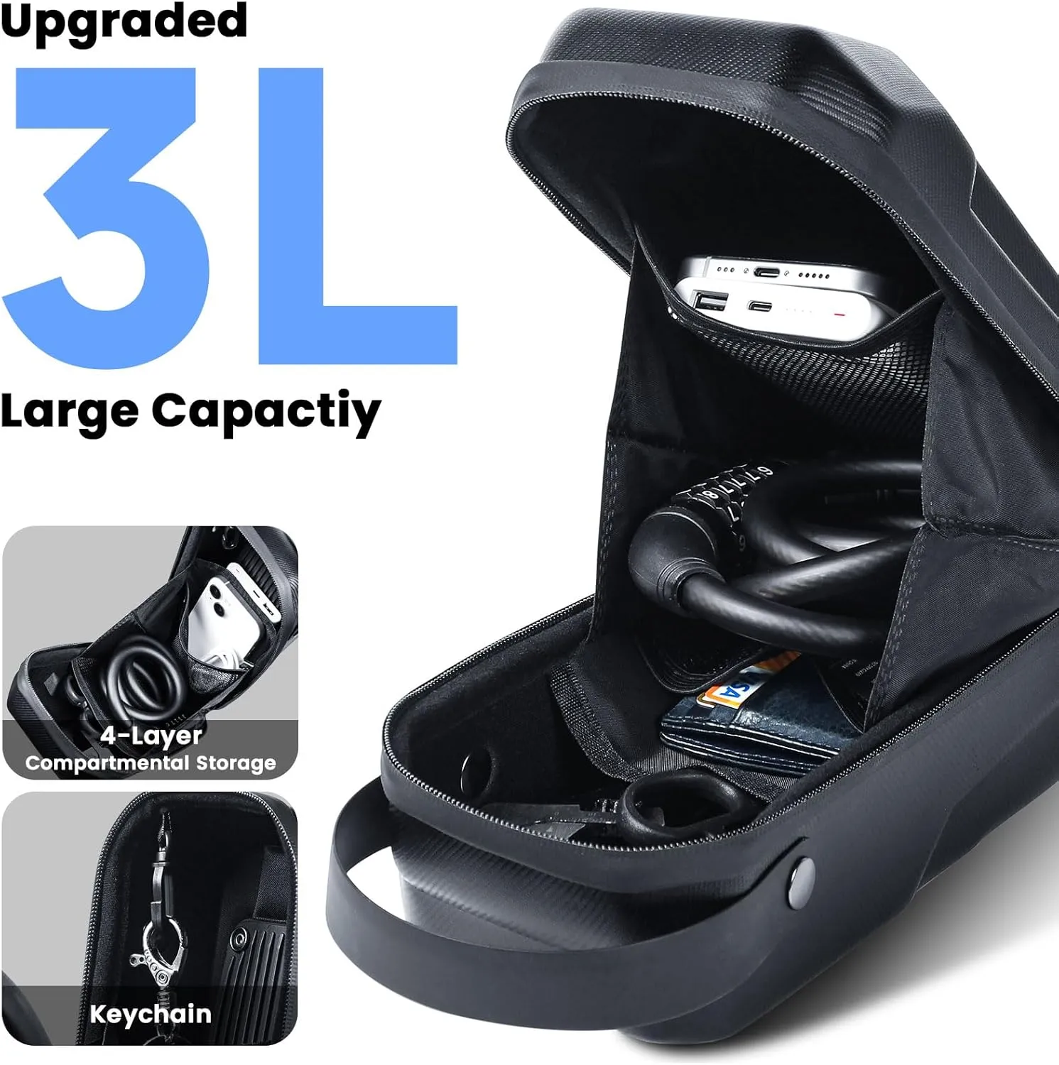 3L Large Scooter Bag with Handle, Portable Electric Scooter Storage Bag, Waterproof XL Handlebar Pouch Bag for Scooters, Bikes, Segway Niu, with Small Coded Lock & Screw Fixation Design