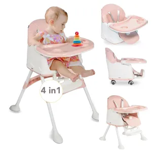 4-in-1 Honey Baby High Chair - Booster Seat for Dining Table, Convertible Baby Highchair with Wheels, Dining Seat and Toddler Chair - for Ages 6 Months and Up to 50.7lb - Pink - Maxibaby