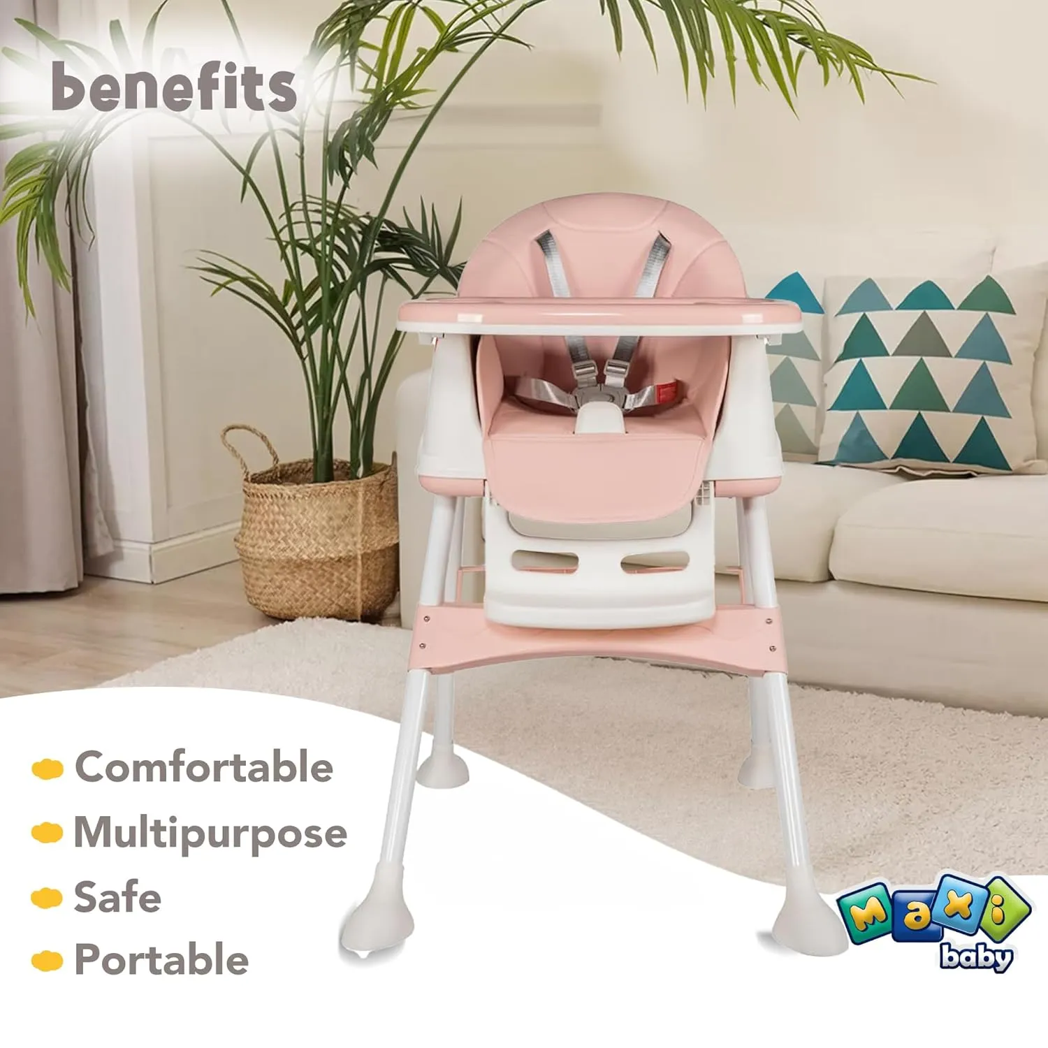 4-in-1 Honey Baby High Chair - Booster Seat for Dining Table, Convertible Baby Highchair with Wheels, Dining Seat and Toddler Chair - for Ages 6 Months and Up to 50.7lb - Pink - Maxibaby