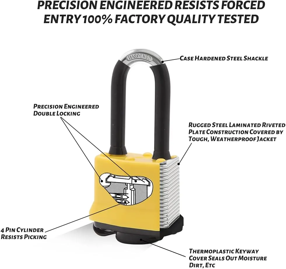 4 Pack Heavy Duty Covered Laminated Steel Padlocks Keyed Alike, Weatherproof Padlocks with 1-9/16 in. Wide Body, Long Shackle for Gate, Shed, Storage Locker Lock