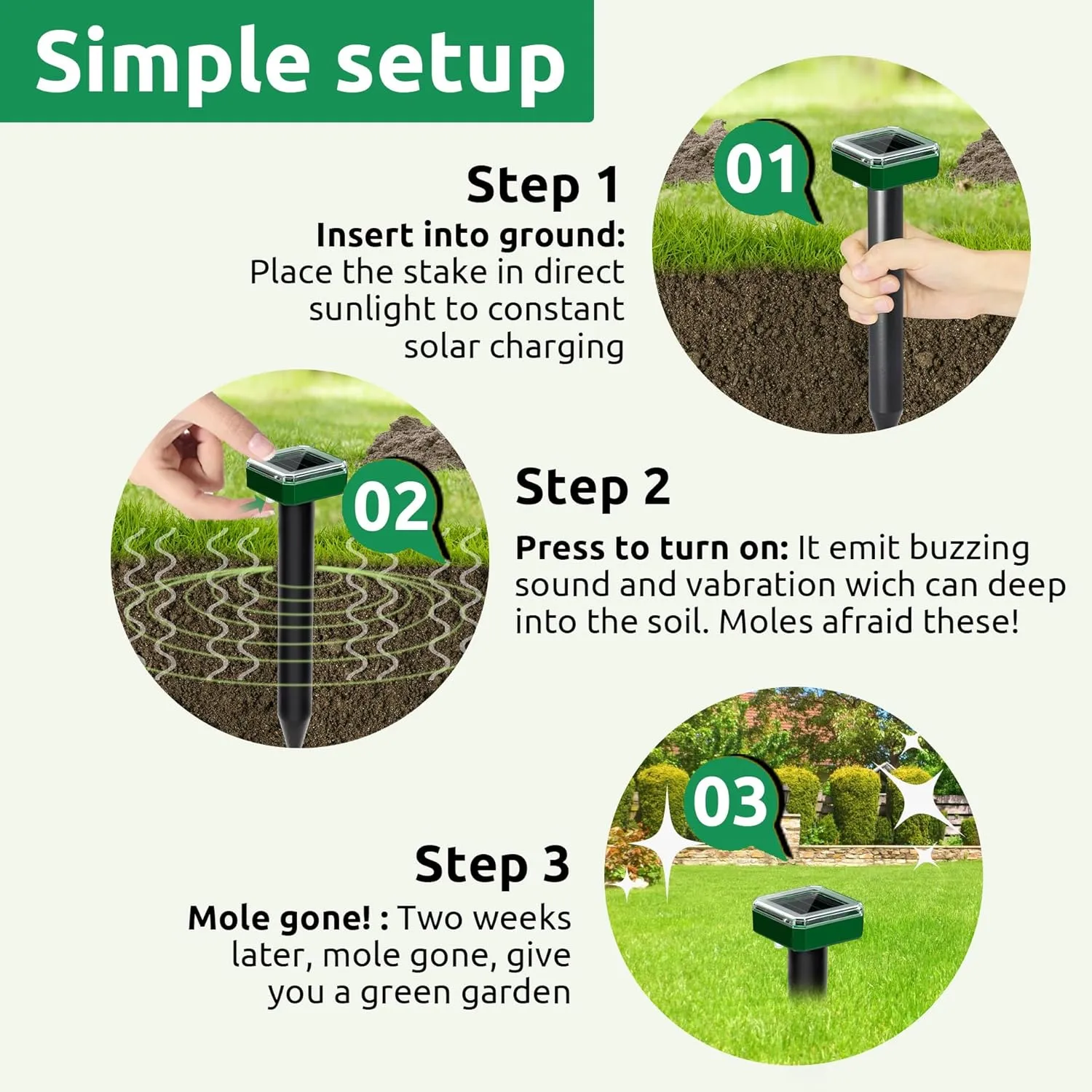 4 Pack Mole Repellent for Lawns Solar Powered Groundhog Spikes, Ultrasonic Mole Stakes for Yard, Waterproof Gopher Repellent to Get Rid of Gopher, Vole and Snake for Farm