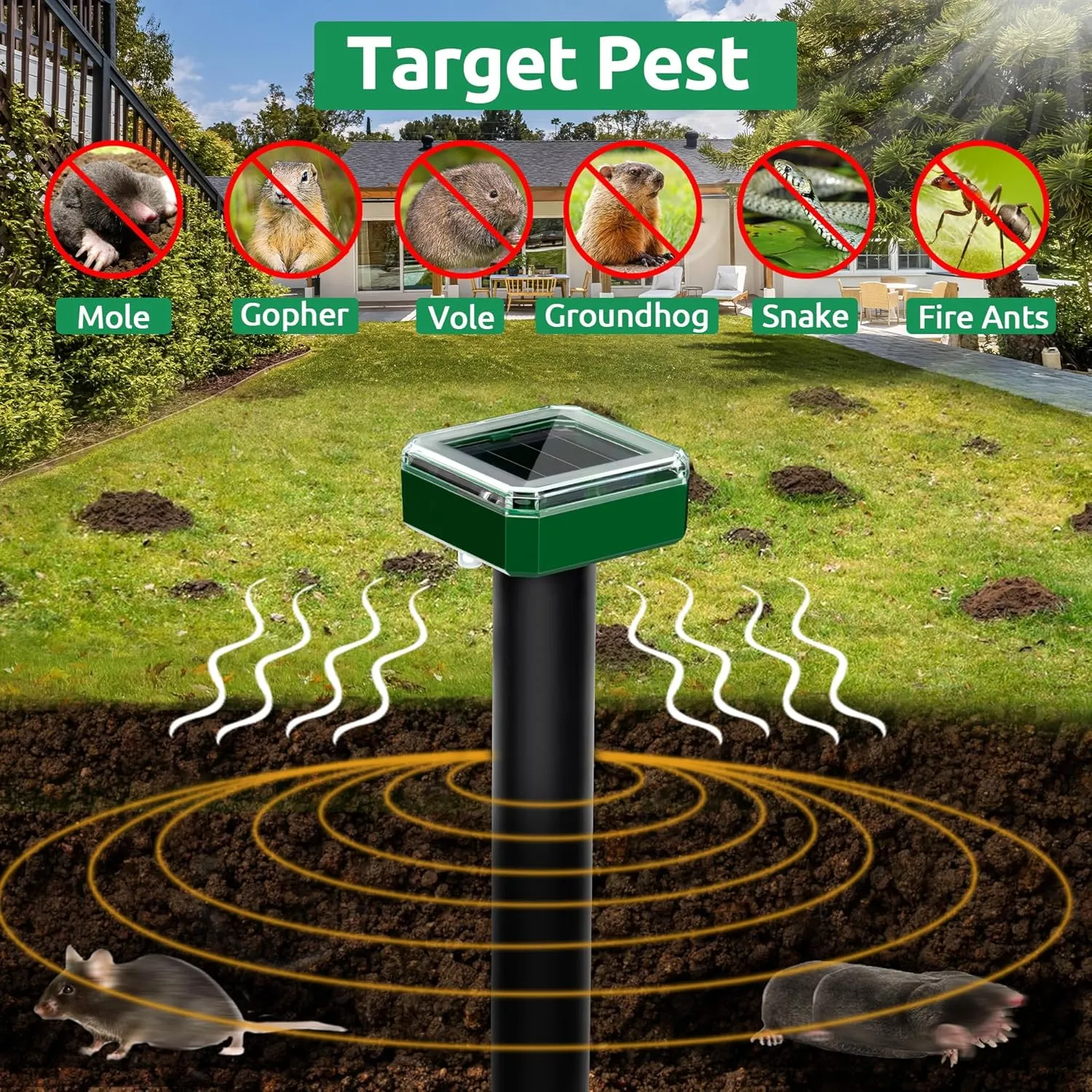 4 Pack Mole Repellent for Lawns Solar Powered Groundhog Spikes, Ultrasonic Mole Stakes for Yard, Waterproof Gopher Repellent to Get Rid of Gopher, Vole and Snake for Farm