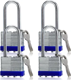 4 Pack Outdoor Padlocks with Keys Long Shackle Keyed Alike Padlocks with 8 Keys 40mm Heavy-Duty Locks for Gate Fence Toolbox School Gym