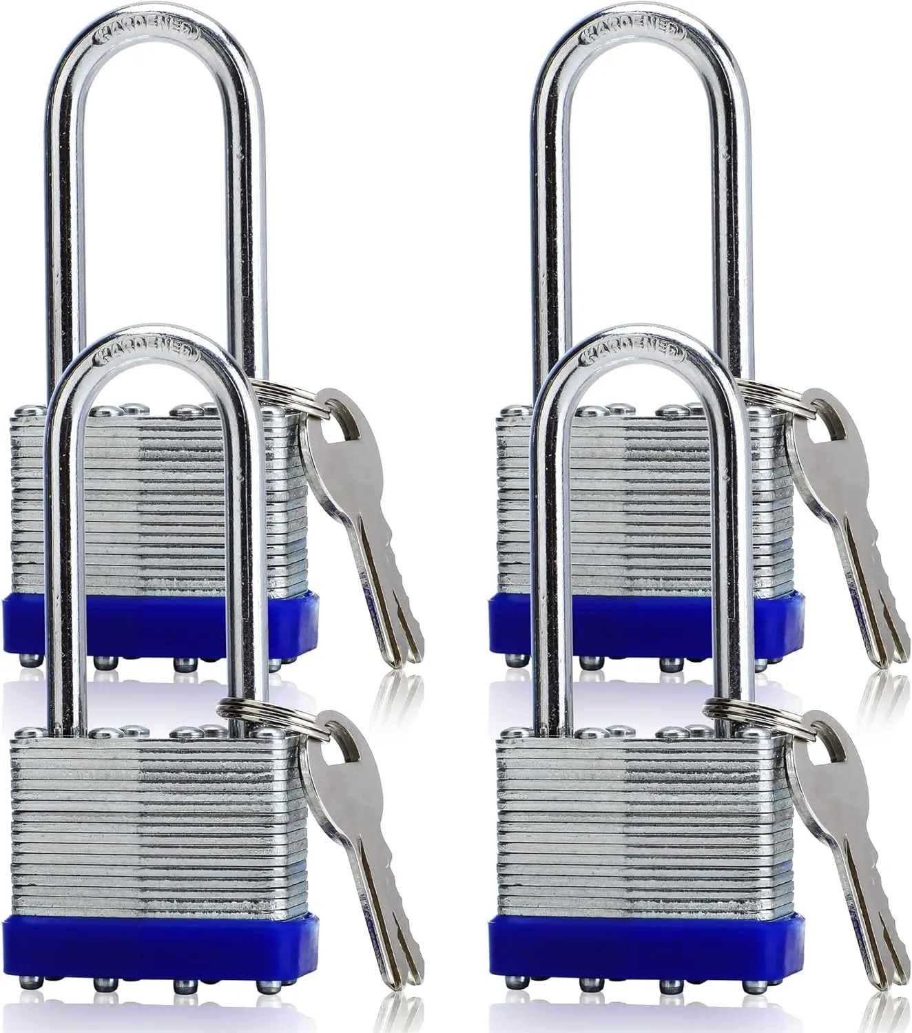 4 Pack Outdoor Padlocks with Keys Long Shackle Keyed Alike Padlocks with 8 Keys 40mm Heavy-Duty Locks for Gate Fence Toolbox School Gym