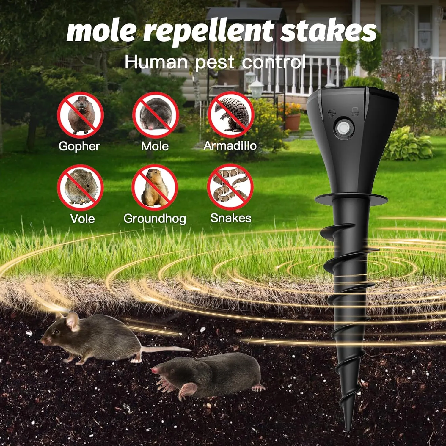 4 Packs Solar Powered Mole Repellent Outdoor, Ultrasonic Gopher Killer Sonic Vole Repellent for Lawn Garden Yard, Waterproof Rodent Repellent Get Rid of Groundhog Chipmunk Squirrels Snake