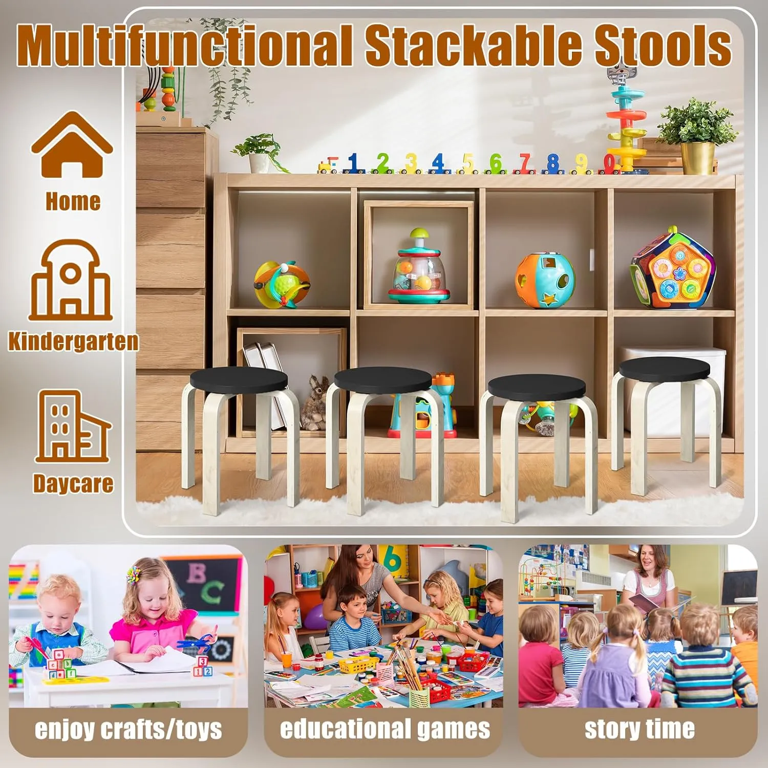 4 Pcs Bentwood Stools - Stackable Wood Stools With Bentwood Seat for Dining, Kitchen, Home, Garden, Living, Classroom