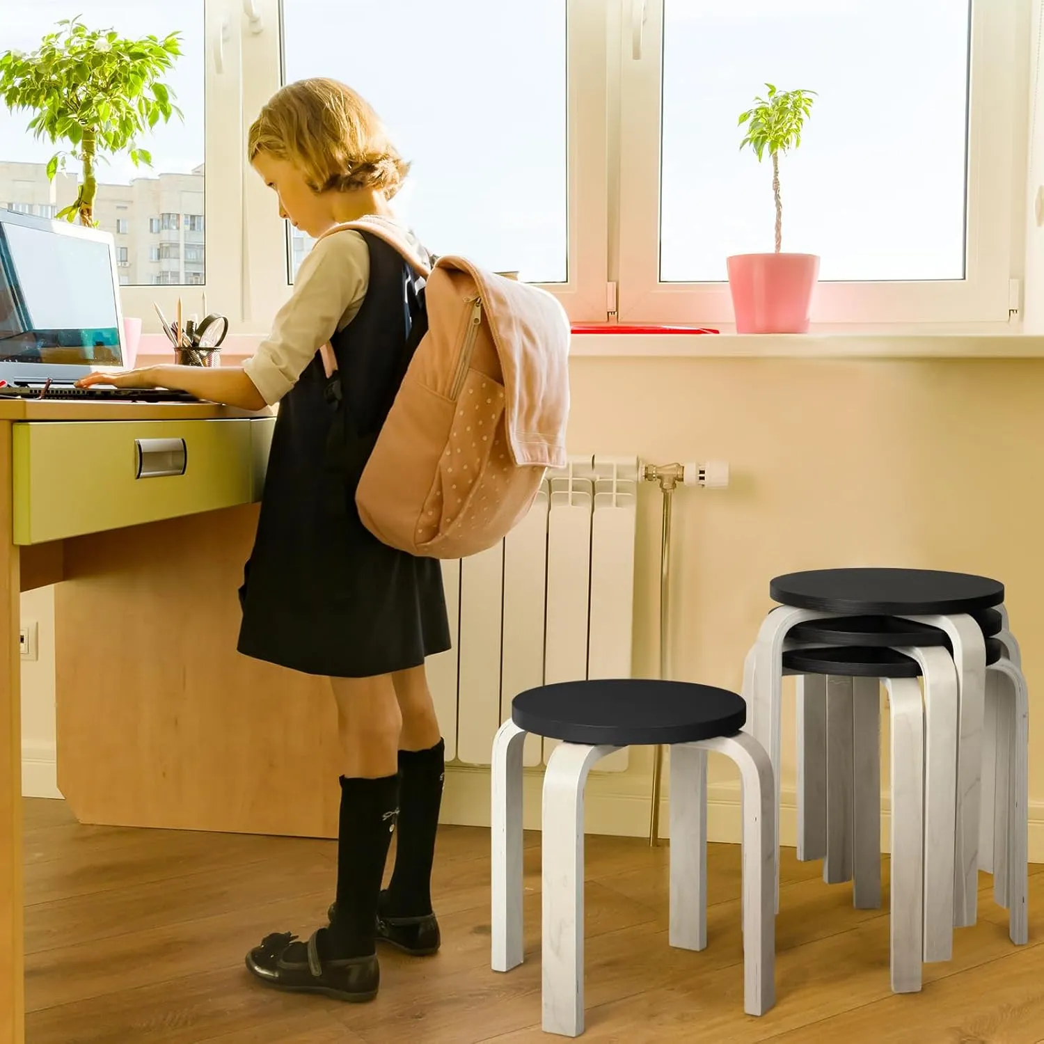 4 Pcs Bentwood Stools - Stackable Wood Stools With Bentwood Seat for Dining, Kitchen, Home, Garden, Living, Classroom