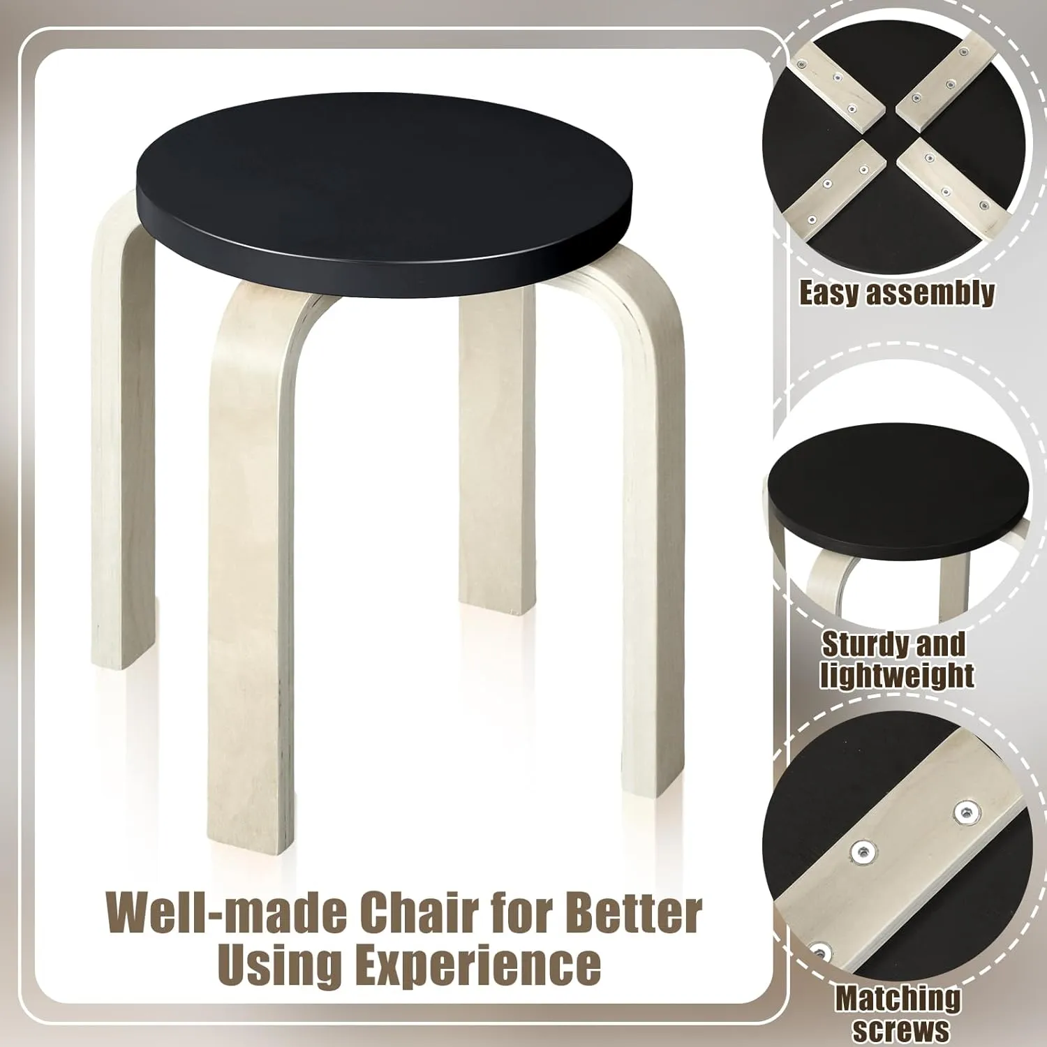 4 Pcs Bentwood Stools - Stackable Wood Stools With Bentwood Seat for Dining, Kitchen, Home, Garden, Living, Classroom
