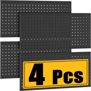 4 Pcs Metal Pegboard Panels, Heavy Duty Peg Boards for Garage and Garden Tool Storage, Includes Drywall Anchors and Screws Kits, Black