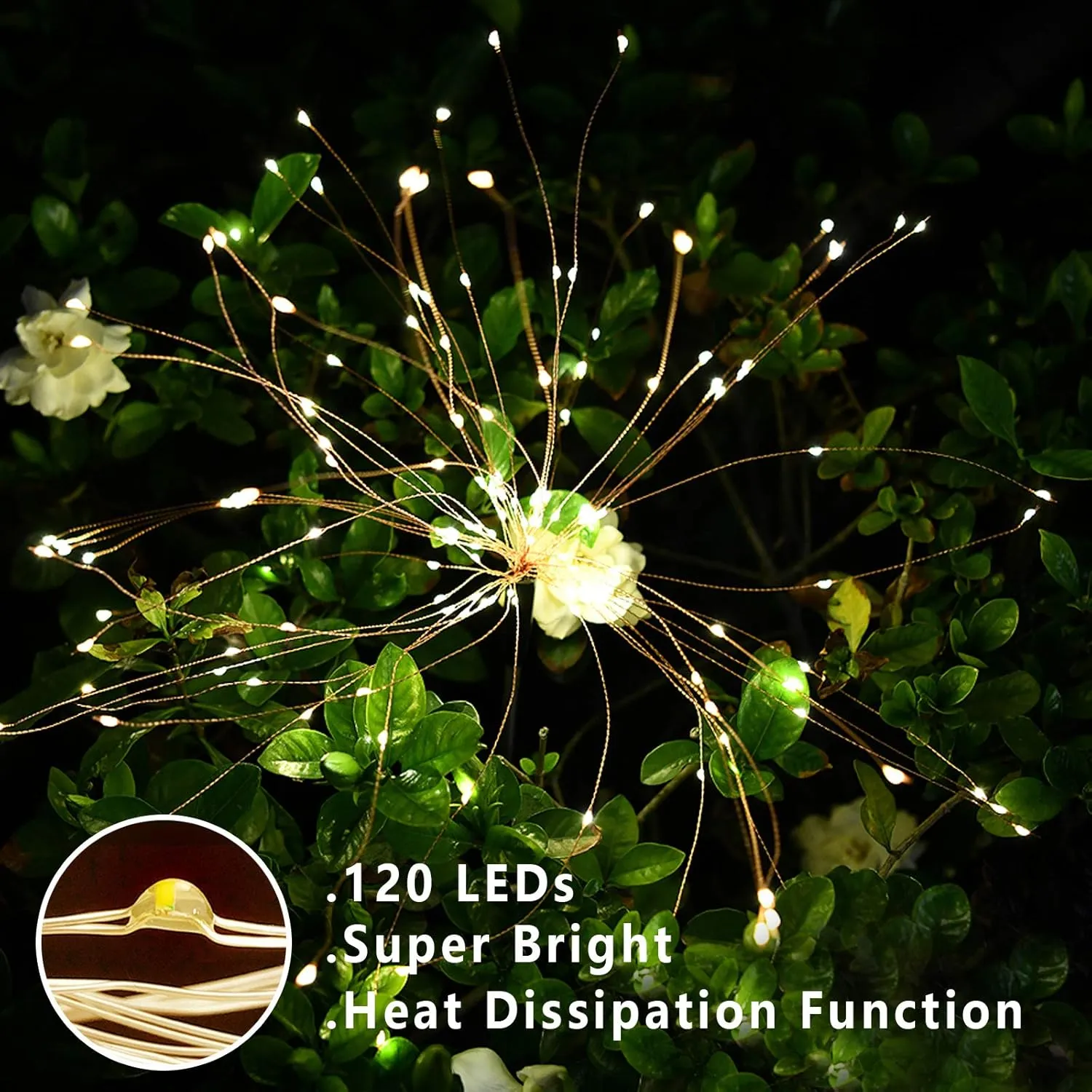 4 PCS Solar Firework Light, Outdoor Solar Garden Decorative Lights 120 LED Powered 40 Copper Wires String DIY Landscape Light for Walkway Pathway Backyard Christmas Decoration Parties (Warm White)