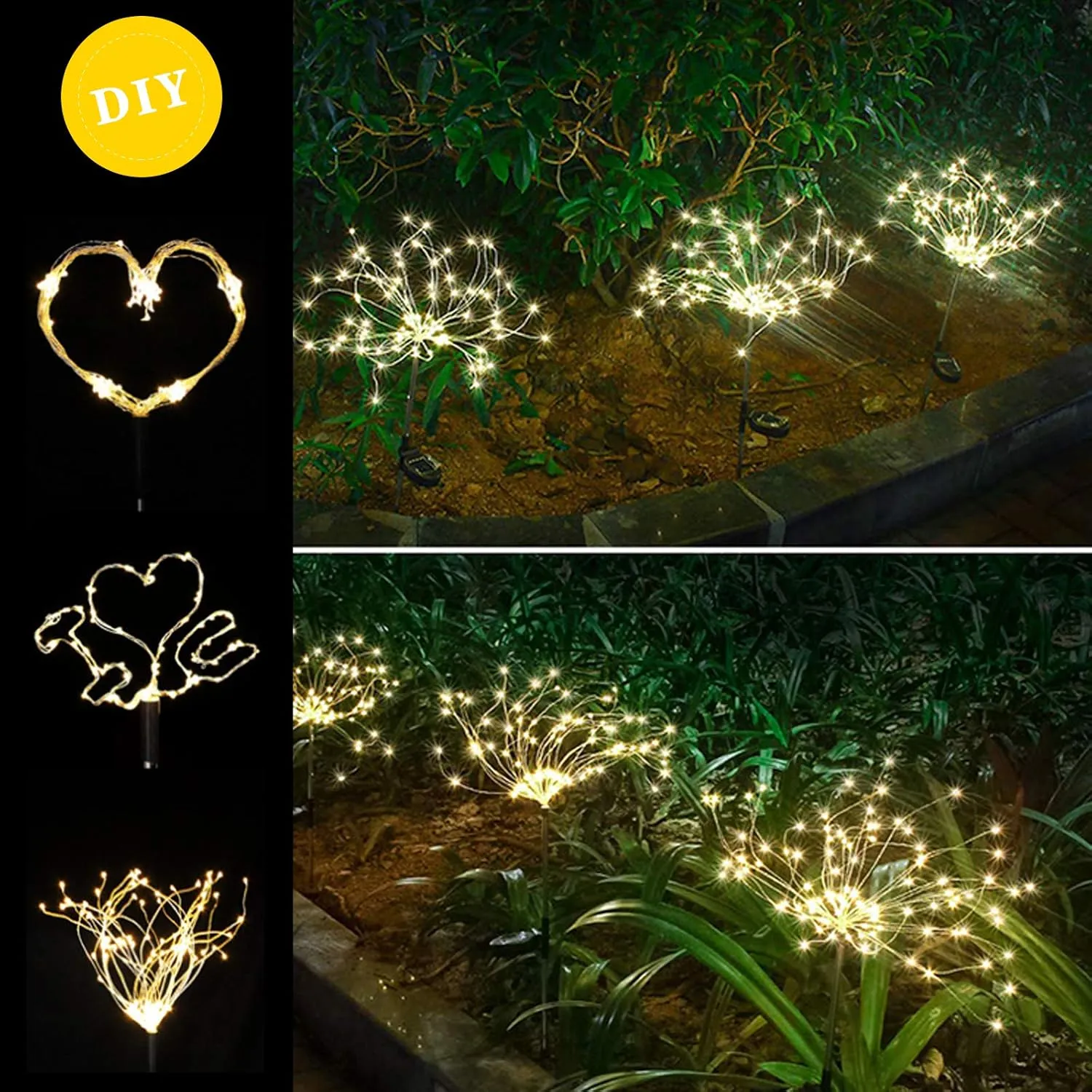 4 PCS Solar Firework Light, Outdoor Solar Garden Decorative Lights 120 LED Powered 40 Copper Wires String DIY Landscape Light for Walkway Pathway Backyard Christmas Decoration Parties (Warm White)