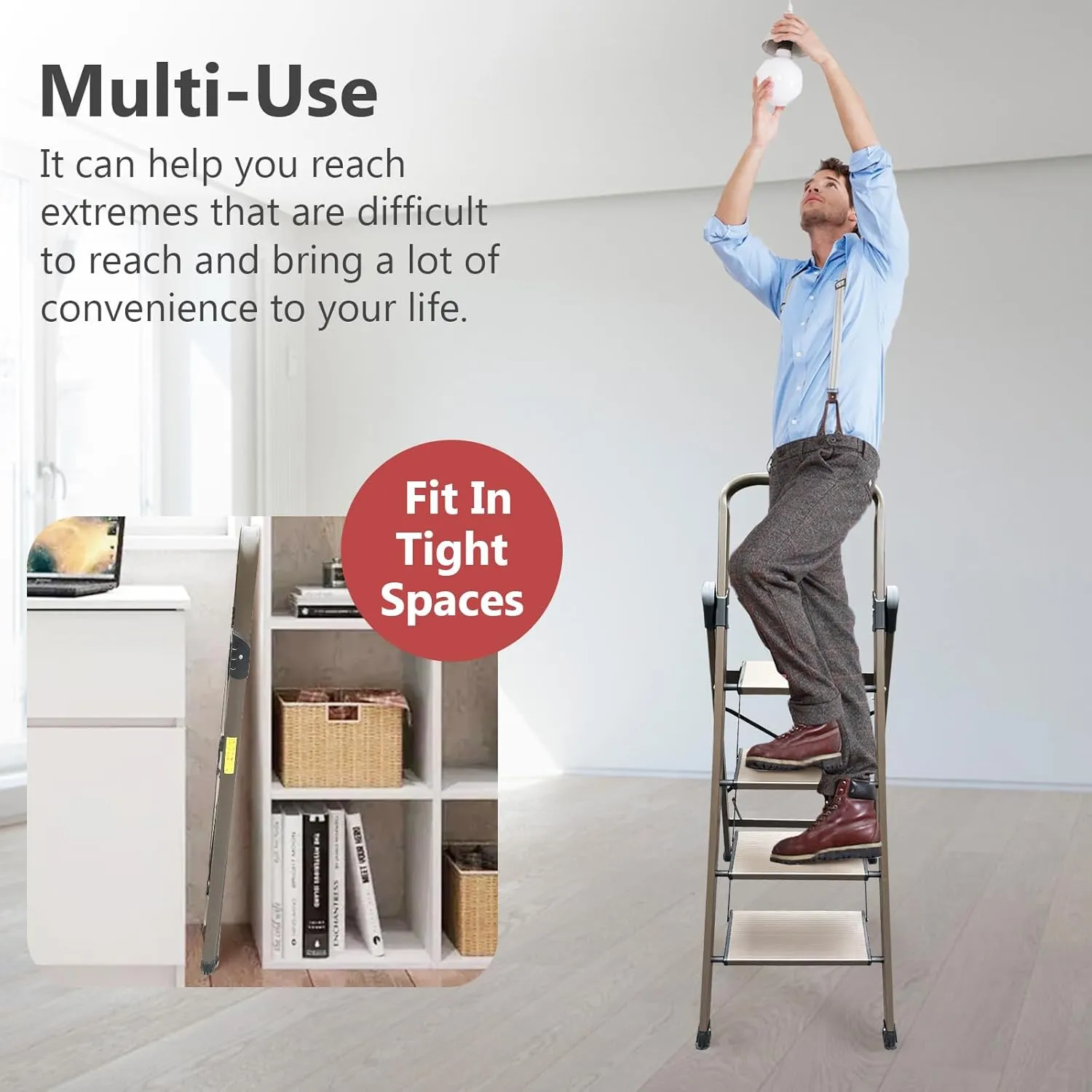 4 Step Ladder High-end Aluminum Folding Step Stool with Wide Anti-Slip Pedal, Lightweight Aluminum Four Step Ladder for Home Closet Office Foldable Step Ladders for Adults