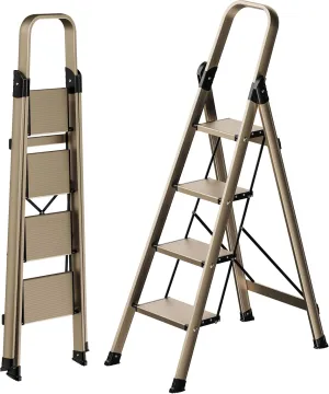 4 Step Ladder High-end Aluminum Folding Step Stool with Wide Anti-Slip Pedal, Lightweight Aluminum Four Step Ladder for Home Closet Office Foldable Step Ladders for Adults