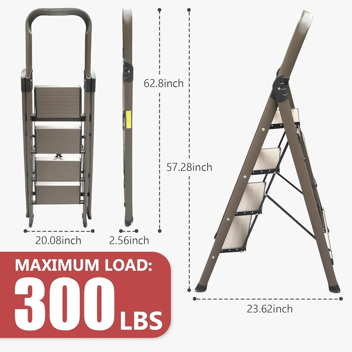 4 Step Ladder High-end Aluminum Folding Step Stool with Wide Anti-Slip Pedal, Lightweight Aluminum Four Step Ladder for Home Closet Office Foldable Step Ladders for Adults