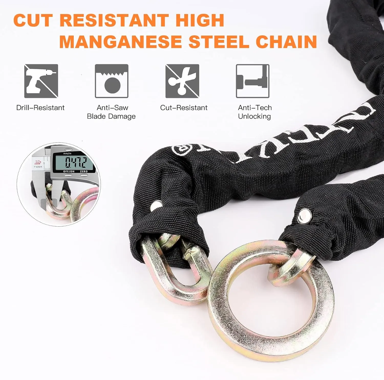 4FT Heavy Duty Bike Chain Lock - 12mm Thick, 16mm Disc Lock for Motorcycles, Scooters, Gates - Orange