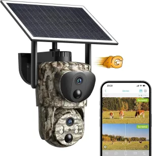 4G LTE Cellular Trail Cameras, Dual Lens Security Camera Built-in SIM Card, 2K 360°View Live Video Game Camera, No-Glow IR Night Vision, Motion Activated, Solar Powered, Remote Phone Access