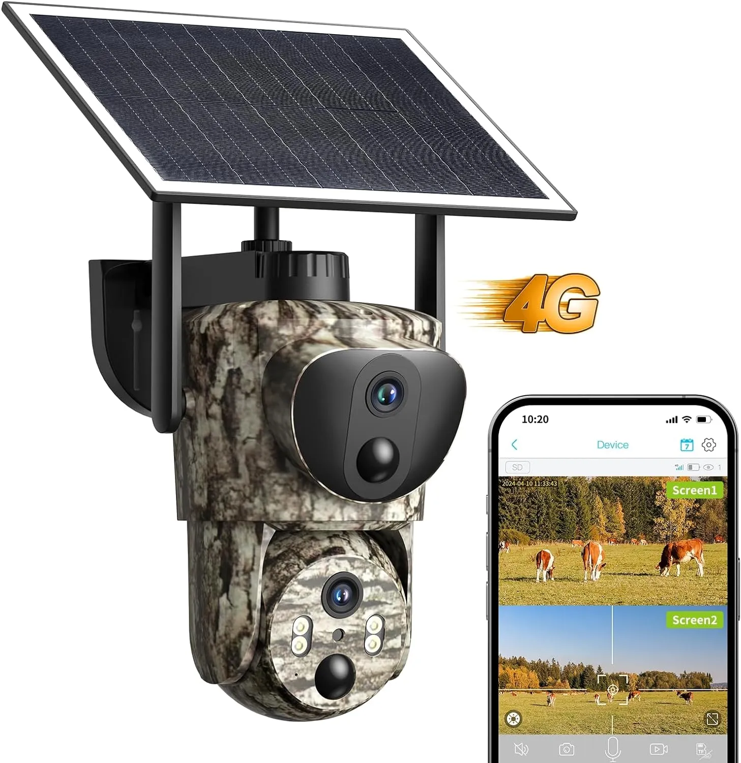 4G LTE Cellular Trail Cameras, Dual Lens Security Camera Built-in SIM Card, 2K 360°View Live Video Game Camera, No-Glow IR Night Vision, Motion Activated, Solar Powered, Remote Phone Access