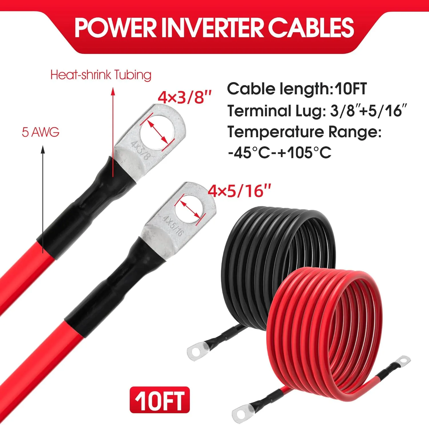 5 AWG Battery Cables 5 Gauge Power Inverter Cables with 3/8 Inch and 5/16 Inch Lugs Each End for Solar Marine Boat Vessel RV Car SUV Truck Tractor Motorcycle 2pcs (10FT, 5 AWG)