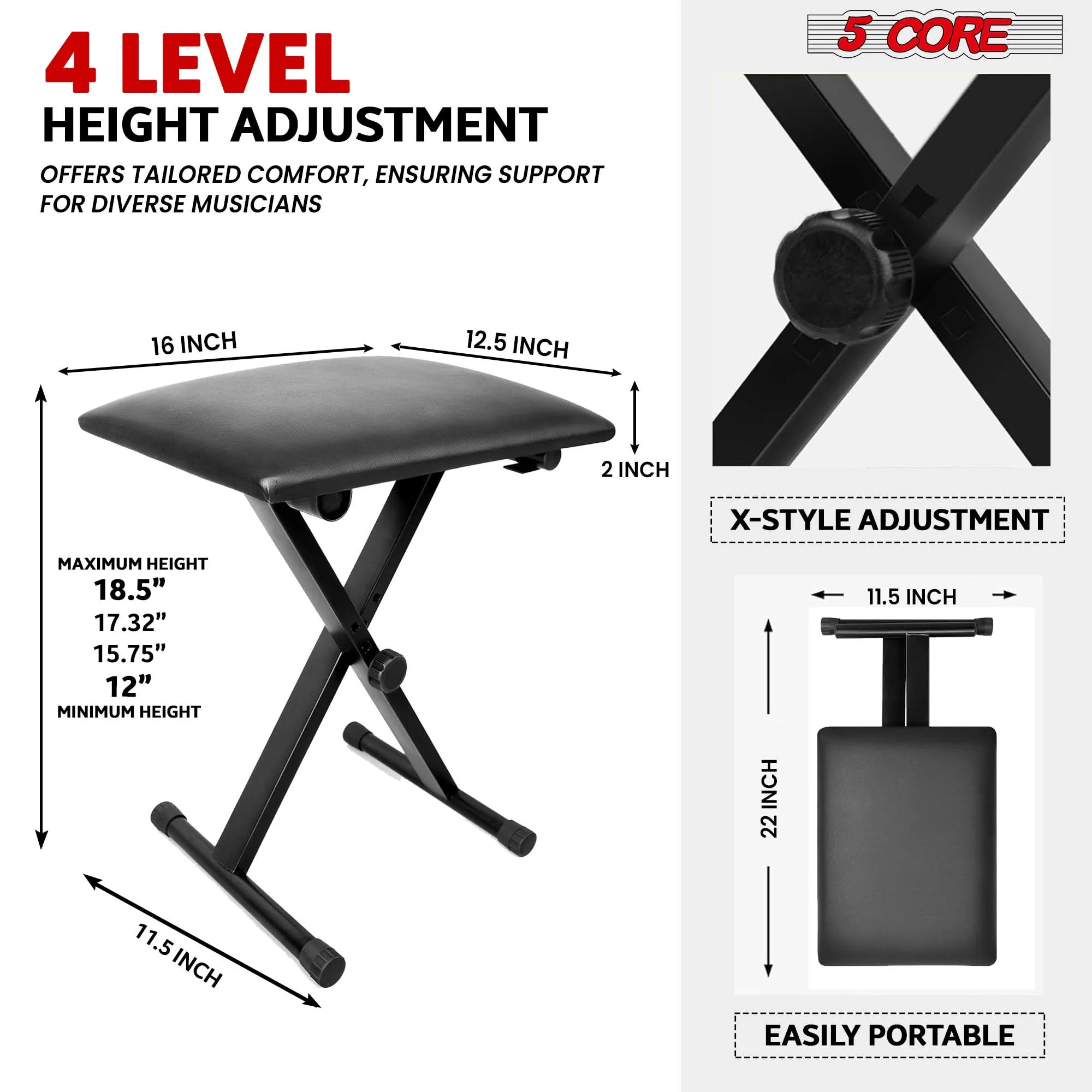 5 Core Keyboard Bench X Style Piano Stool Padded Adjustable Keyboards