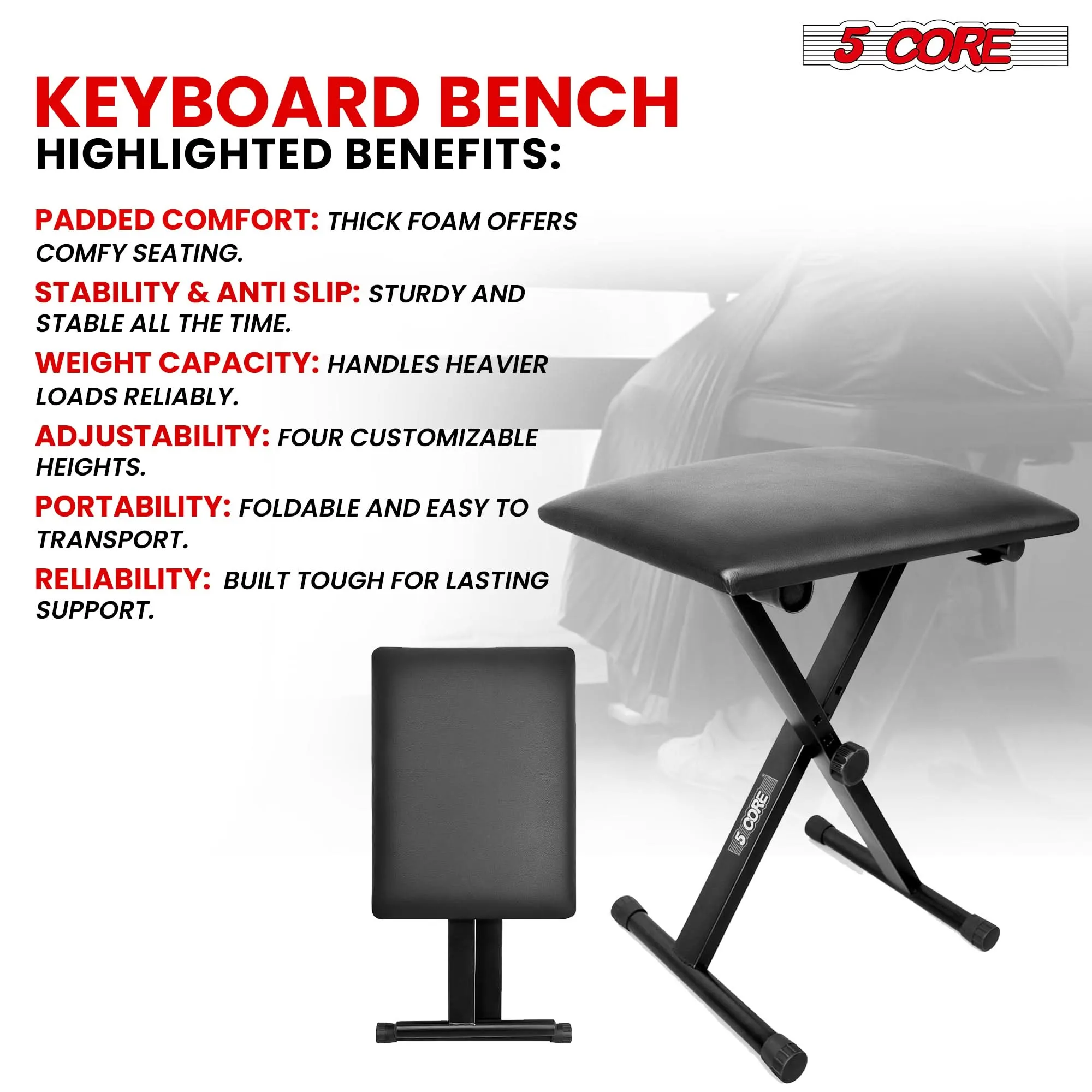 5 Core Keyboard Bench X Style Piano Stool Padded Adjustable Keyboards