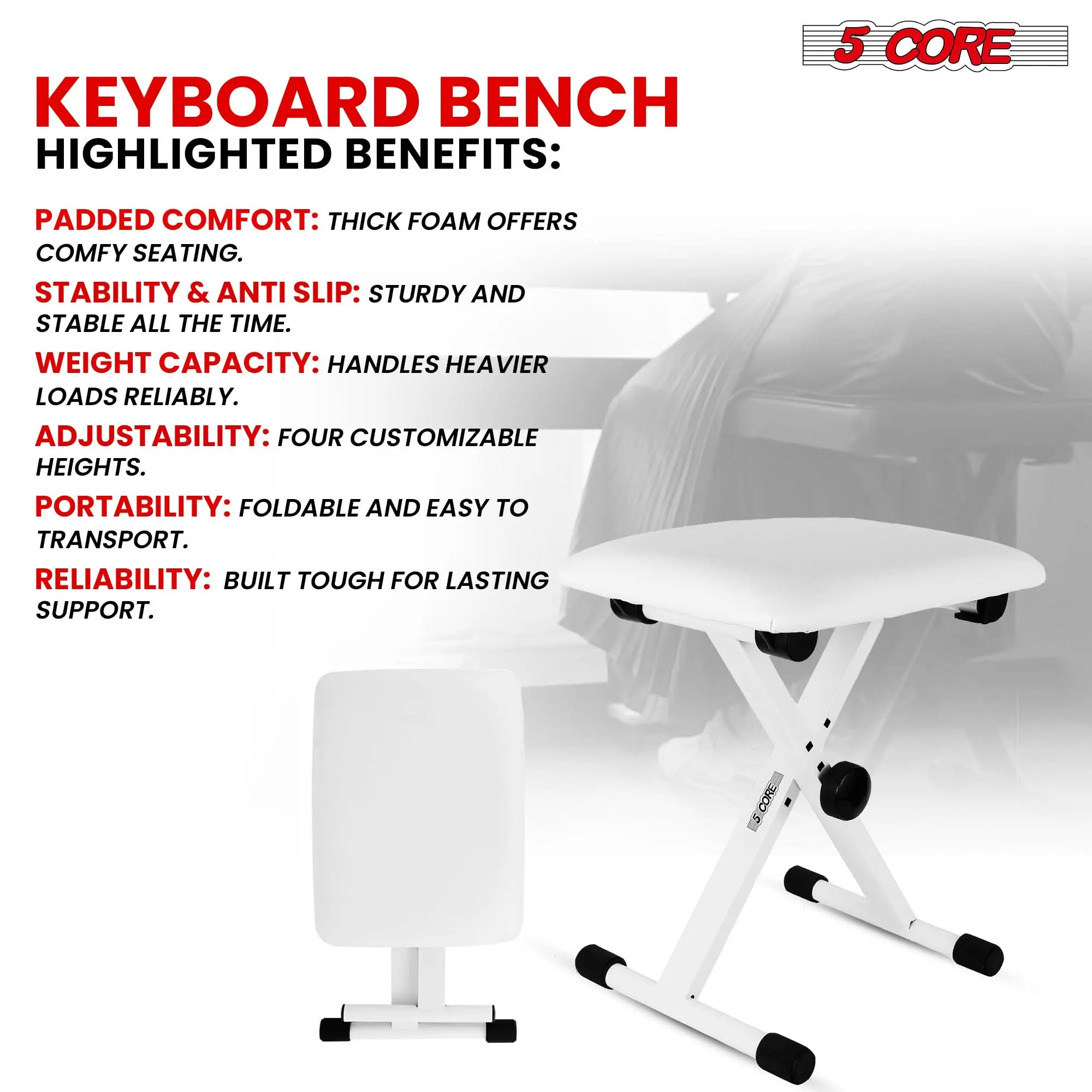 5 Core Keyboard Bench X Style Piano Stool Padded Adjustable Keyboards