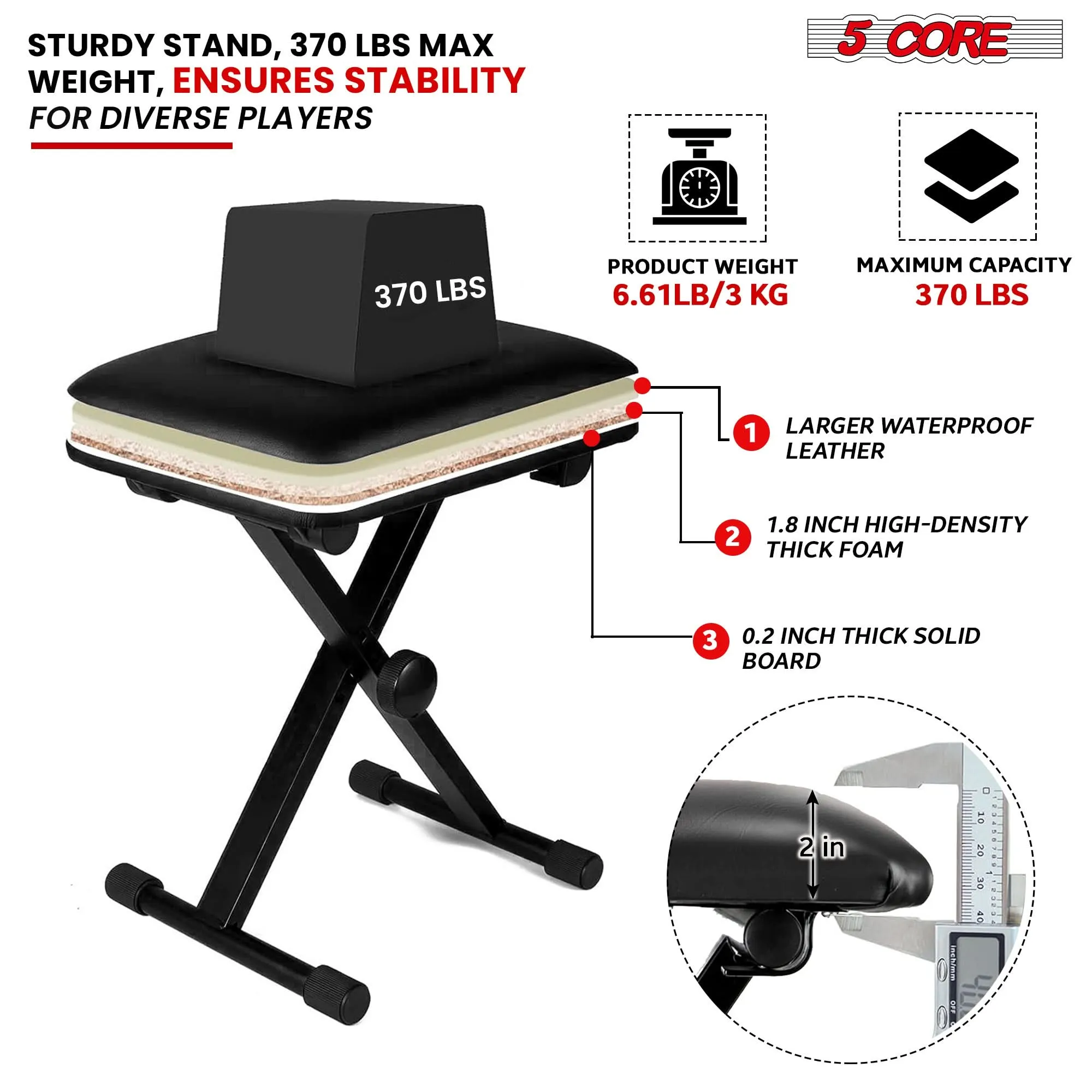 5 Core Keyboard Bench X Style Piano Stool Padded Adjustable Keyboards