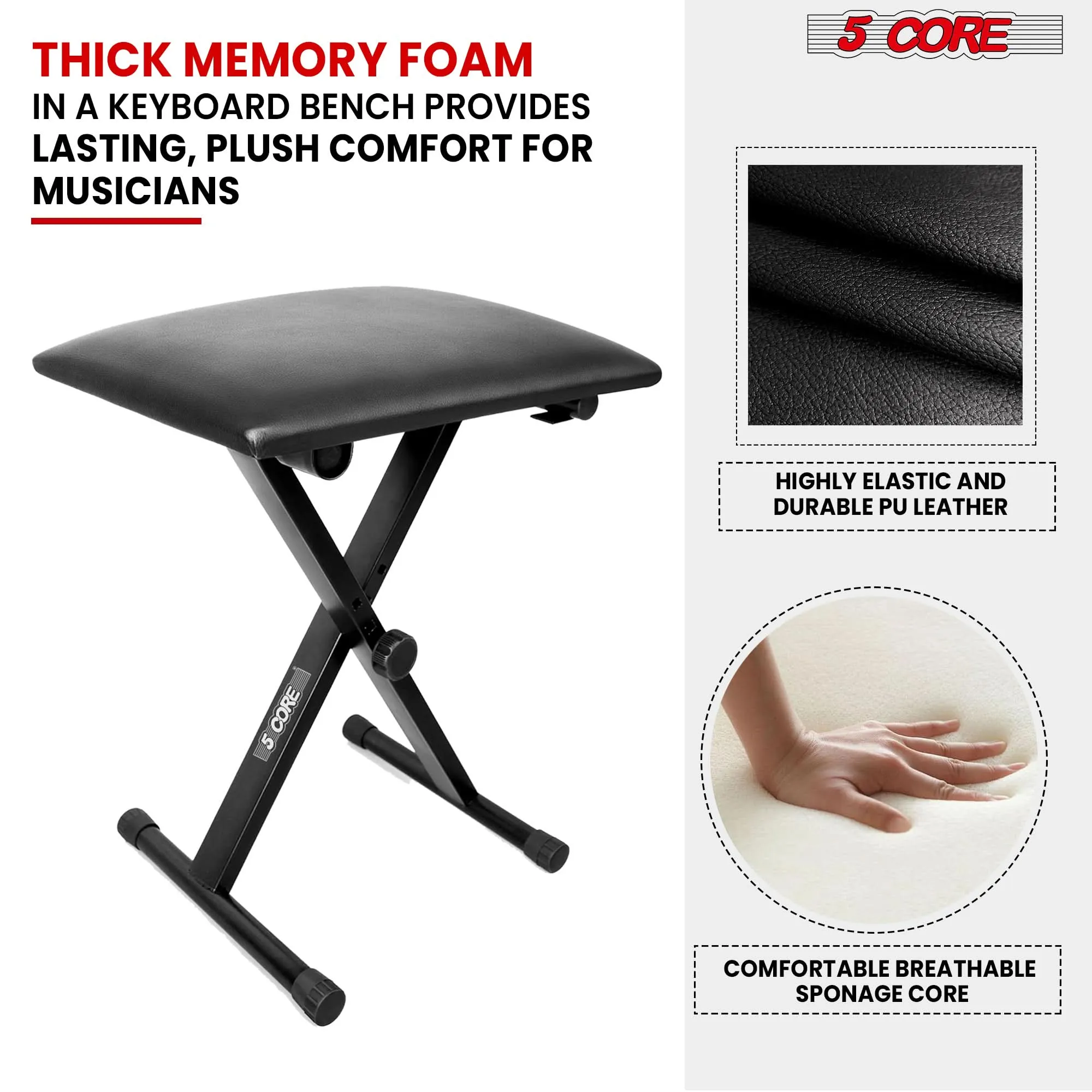5 Core Keyboard Bench X Style Piano Stool Padded Adjustable Keyboards