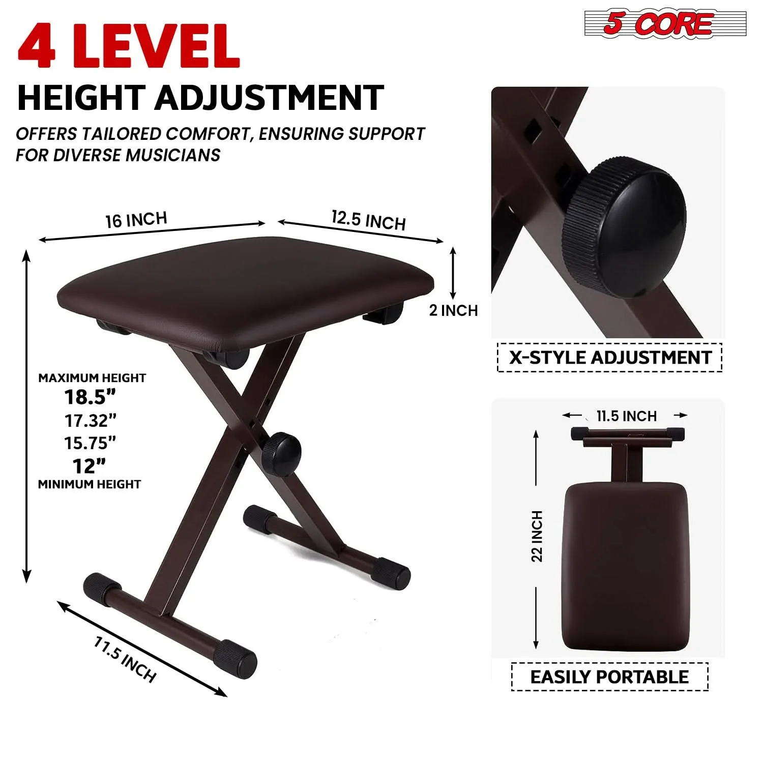 5 Core Keyboard Bench X Style Piano Stool Padded Adjustable Keyboards