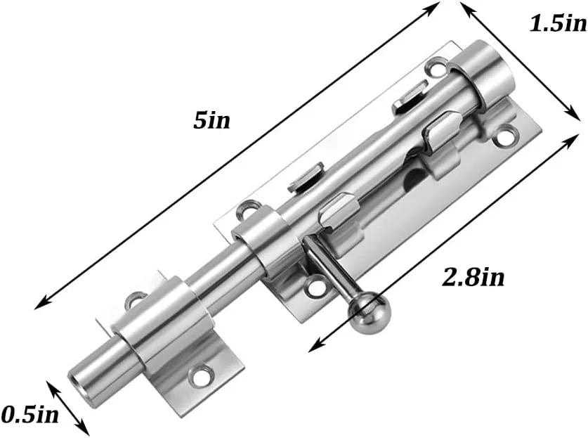 5-inch Silver Sliding Door Lock, Stainless Steel with Lock Hole（2pack）