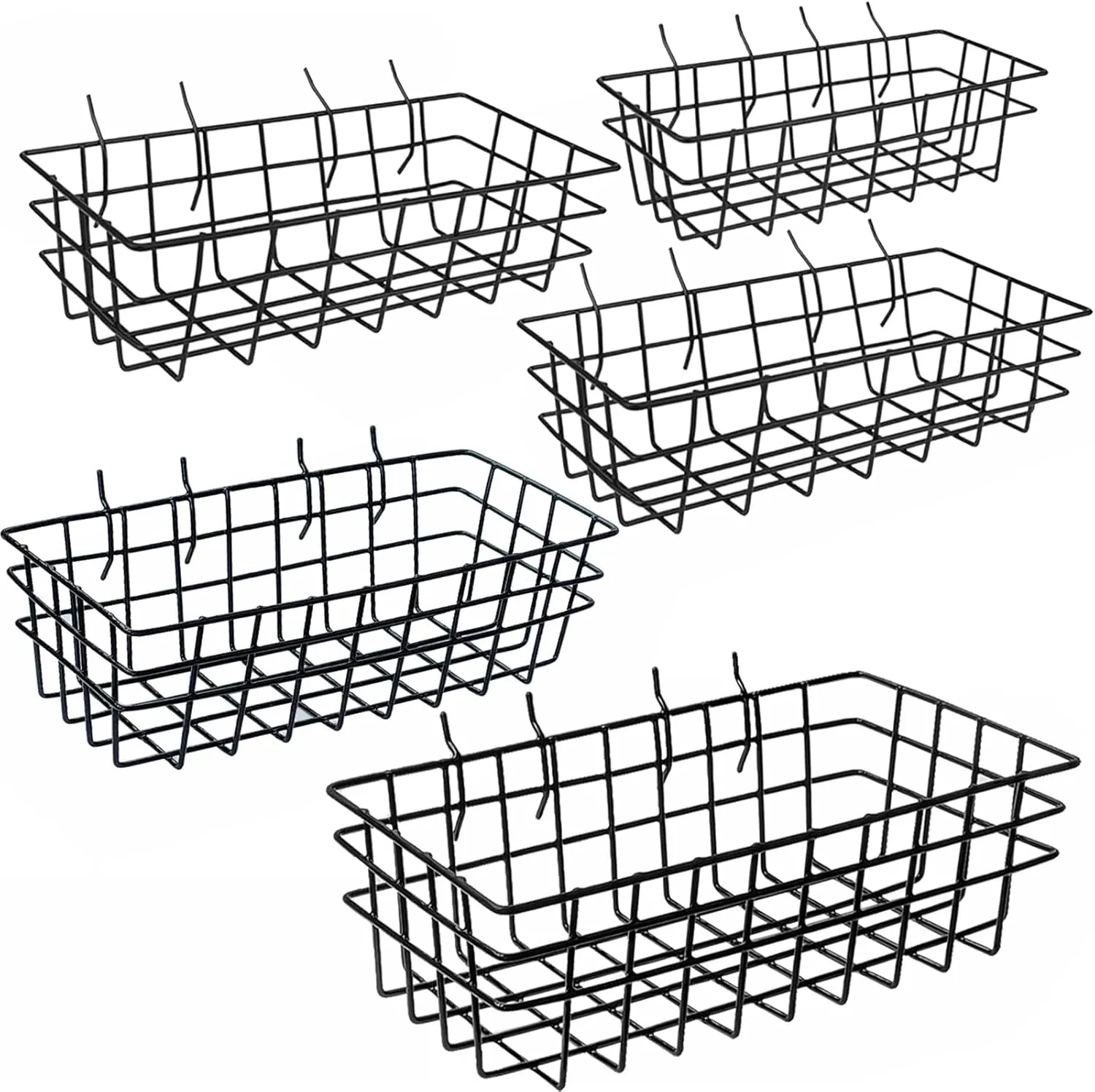 5-Piece Pegboard Baskets Set - Heavy Duty Peg Board Organizer Accessories Bin Set, Premium Black Metal Wire Baskets Tool Shelves, Wall Mount Storage for Garage Workshop Craft Room