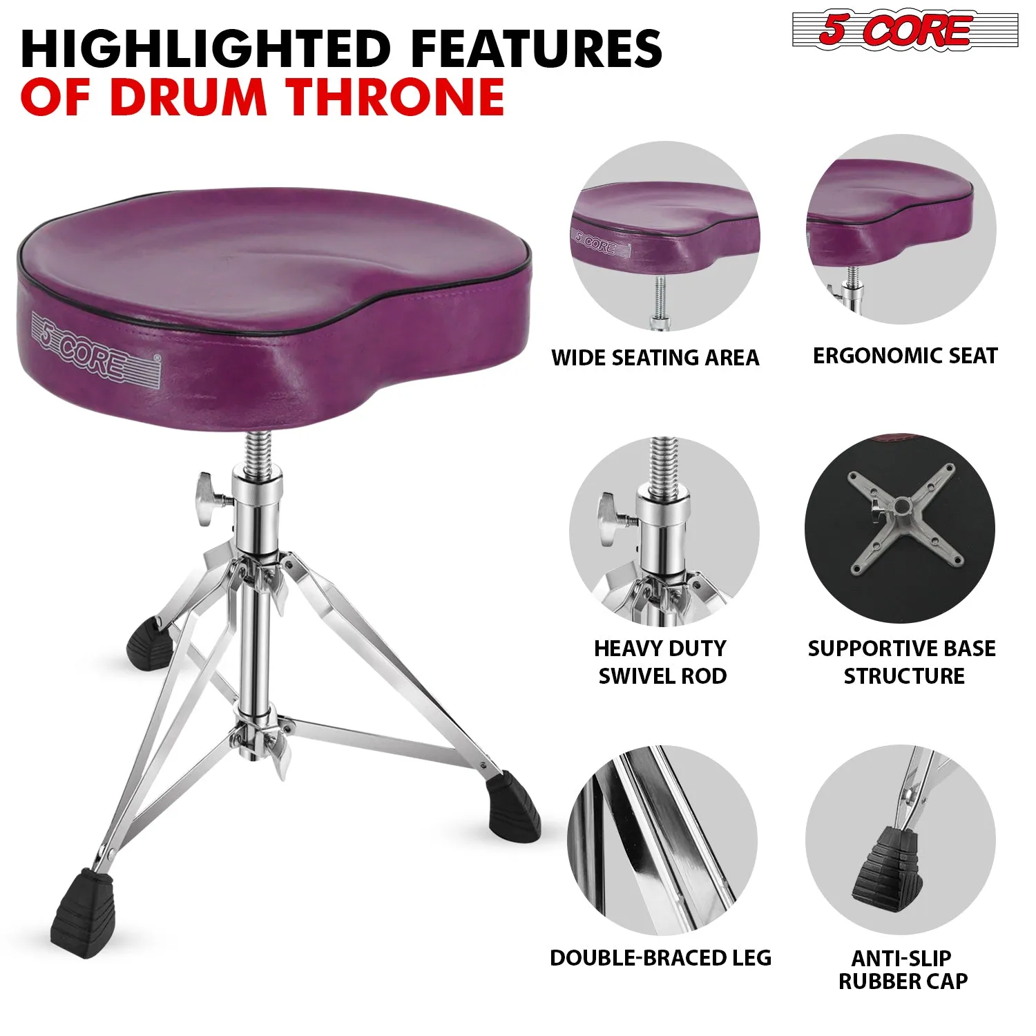 5Core Drum Throne Padded Guitar Stool Saddle Drummer Seat for Adults &