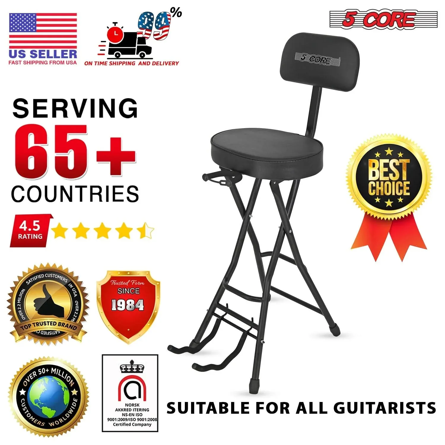 5Core Guitar Stool Adjustable Backrest Piano Chair Padded Seat Music