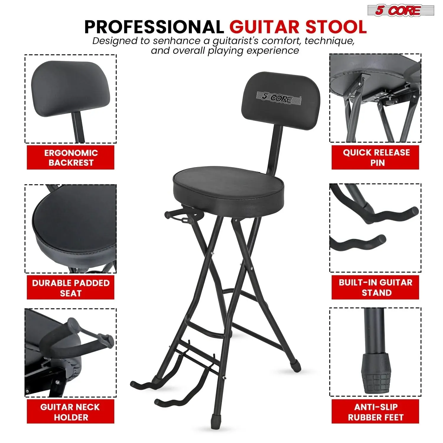 5Core Guitar Stool Adjustable Backrest Piano Chair Padded Seat Music