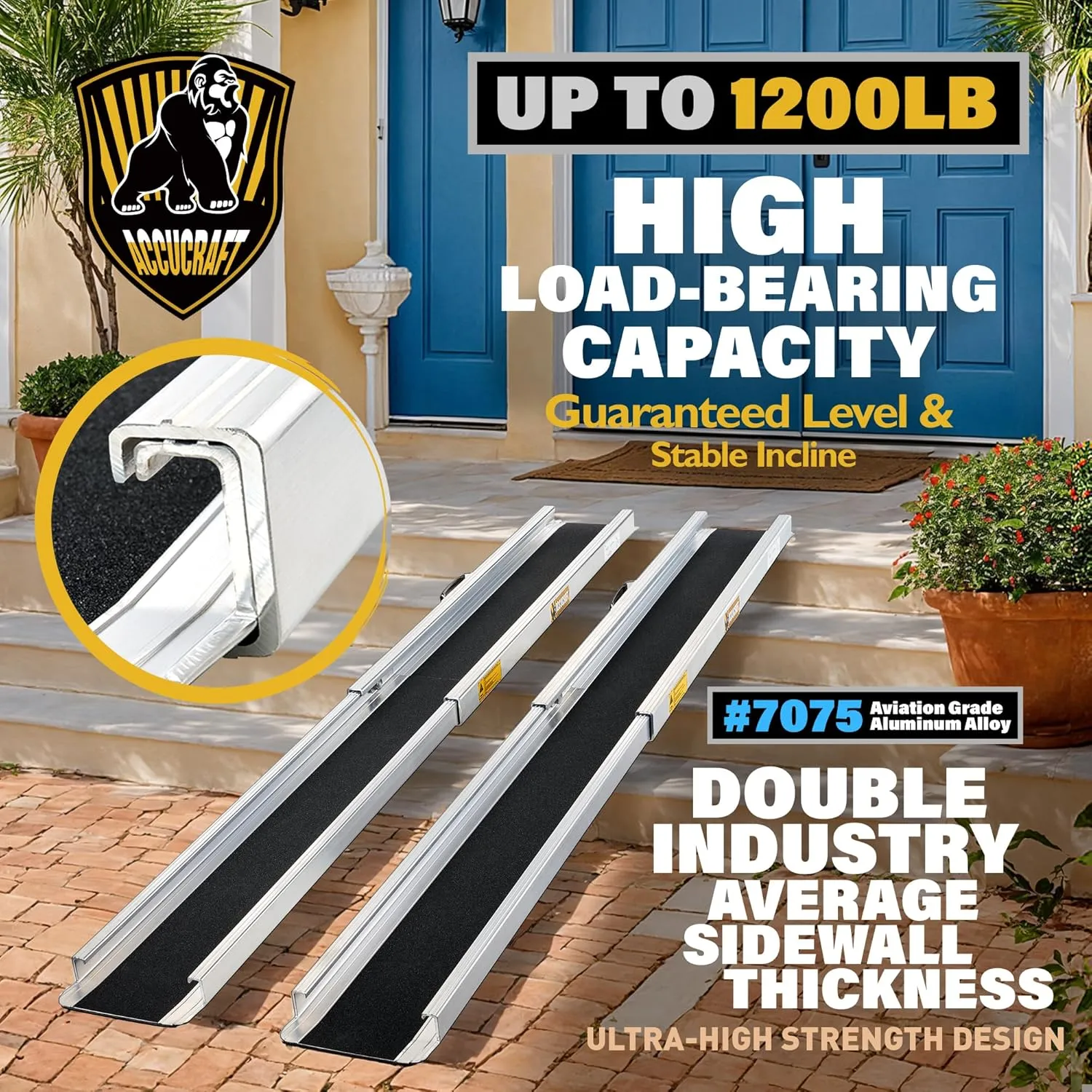 5FT Portable Wheelchair Ramp, Adjustable Aluminum ramps for wheelchairs for Home, 1200LB Capacity, 2X Thickened Sidewall, Wheelchair Ramp for Home, Stairs, Steps (2 Pack)